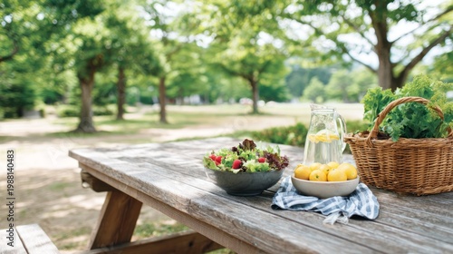 Fresh picnic spread with salad, lemons, and water on a wooden table outdoors