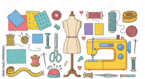 Hand-drawn collection of essential sewing and tailoring tools for crafting, dressmaking, and creative textile projects