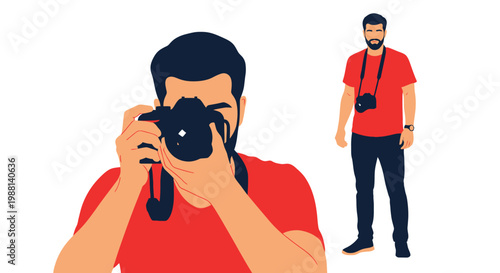Young male photographer with a beard capturing images using a professional digital camera for his creative work