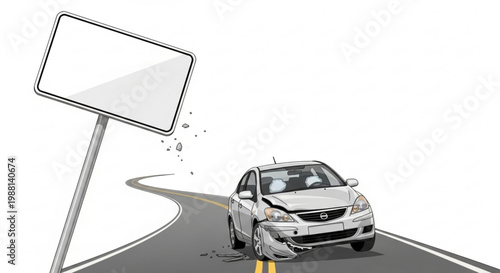 Damaged car on winding road next to blank signpost concept of accident and warning isolated on white background
