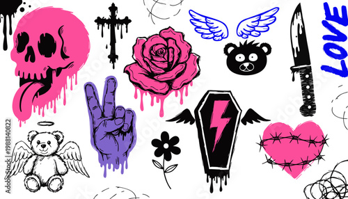 A graffiti-inspired collage of dripping paint symbols. It features a pink skull with tongue, a black cross, a rose, a bear face with wings, a knife, the word “LOVE” in blue, a teddy bear with halo.
