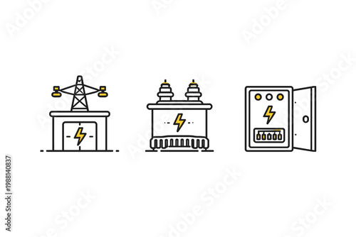 Electricity Equipment Icon Set in Clean Line Art Vector Style with Power Grid and Control Panel Symbols