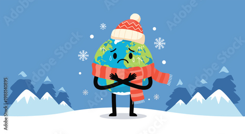 Character illustration of planet earth wearing a red winter hat and scarf while shivering in a snowy mountain landscape.