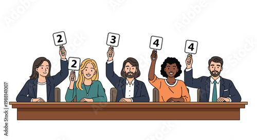 Diverse panel of five judges sitting at a long table and holding up score cards with various numbers for a contest.