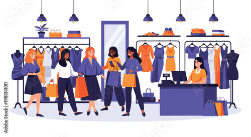 Happy young women shopping for stylish clothes in a modern boutique with a friendly cashier and diverse fashion items.