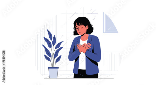 Concerned woman holding her chest while experiencing discomfort or pain in a modern minimalist home or office setting.