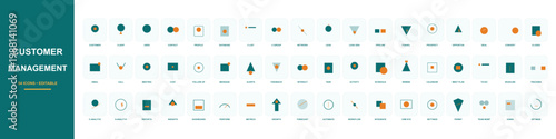 Customer management icon set, 54 flat vector icons for CRM and business analytics, teal and orange marketing symbols for professional web design