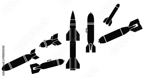 Collection of various tactical military missile icons and falling aerial bombs shown on a plain white background