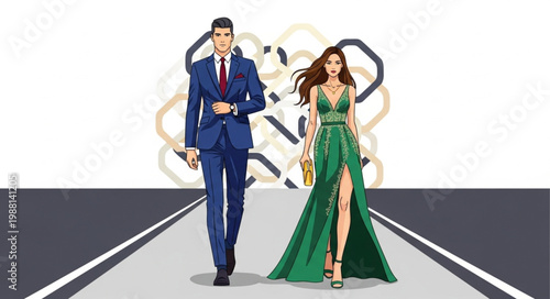 Elegant Couple Walking on Fashion Runway.