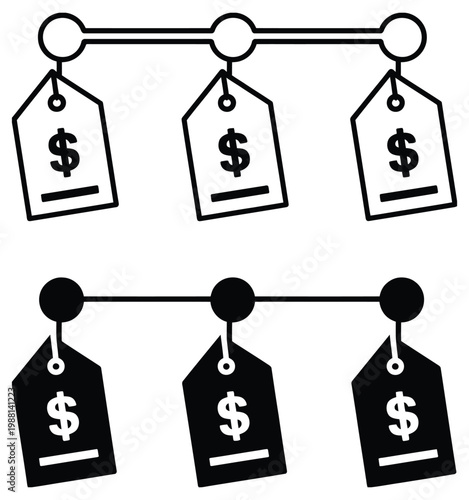 Price range icons line and glyph vector set representing interval between minimum and maximum prices of similar products or services, price comparison indicators for web design, e-commerce and fin
