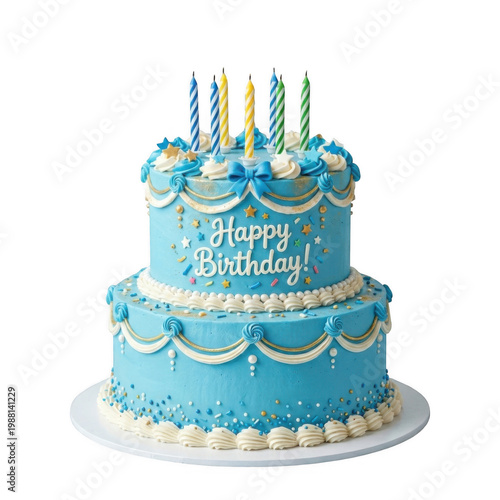 Two tiered birthday cake with candles isolated on transparent background