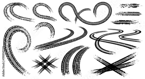 Tire tread marks after skidding, launch, drift, powerslide in motorsport, rally, off-road, motocross. Wheel texture with splash effect. Vector, transparent background SVG version.