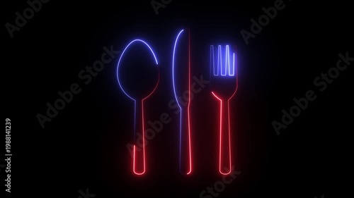 a neon light sign, a spoon, a knife, and a fork in blue and red colors. 4k neon light effect.