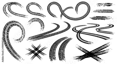 Tire tread marks after skidding, launch, drift, powerslide in motorsport, rally, off-road, motocross. Wheel texture with splash effect. Vector, JPEG version.