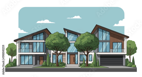 Luxurious modern two-story house with large glass windows, flat roofs, and manicured garden under a clear blue sky.