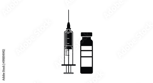 Medical illustration of a hypodermic syringe and a medicine vial bottle used for vaccinations, shown in a simple black silhouette style.