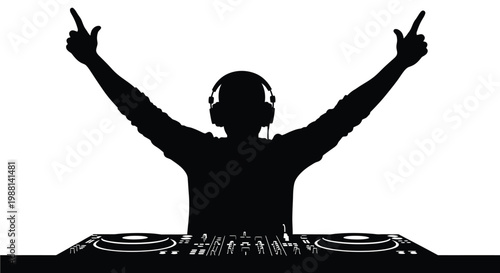 Iconic silhouette of a disk jockey wearing headphones with arms raised in triumph behind the mixer.