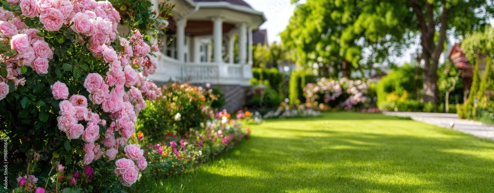 Obraz premium Beautiful blooming pink roses, lush green lawn, colorful garden, blurred stately home