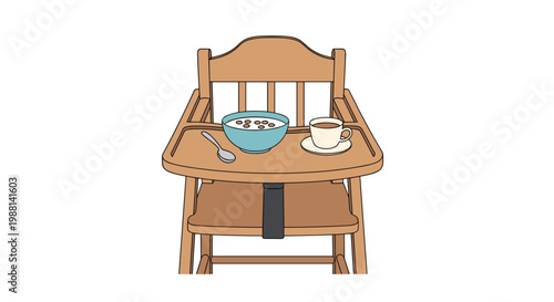 Wooden baby high chair set up with a healthy bowl of cereal and a cup of milk or tea for a toddler's breakfast at home.