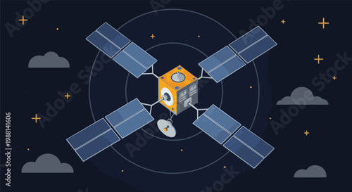 Telecommunication satellite orbiting through outer space with solar panels deployed against a dark sky with stars and clouds.