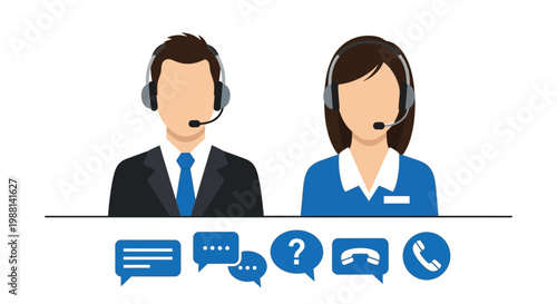 Two customer service representatives wearing headsets are providing online assistance and technical support to clients.