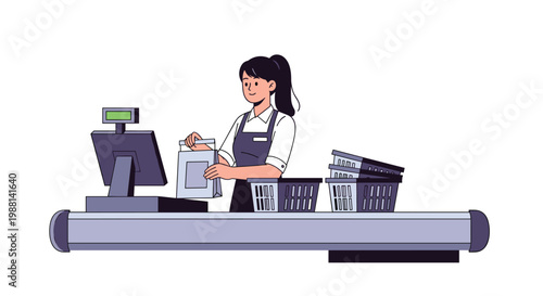 Friendly female supermarket cashier scanning items and packing a bag at a modern retail checkout counter with shopping baskets.