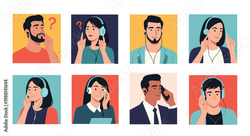 Portraits of diverse people wearing headphones while listening to music, podcasts, or working in a customer service call center.