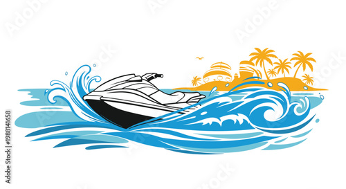 Powerful white jet ski speeding through dynamic blue ocean waves with a tropical island and palm trees visible in the distance.