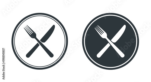 Minimalist black and white circular icons featuring a crossed fork and knife for restaurant branding design elements