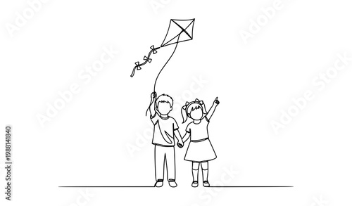 Single continuous line drawing of happy siblings flying kite minimalist kids playing illustration vector