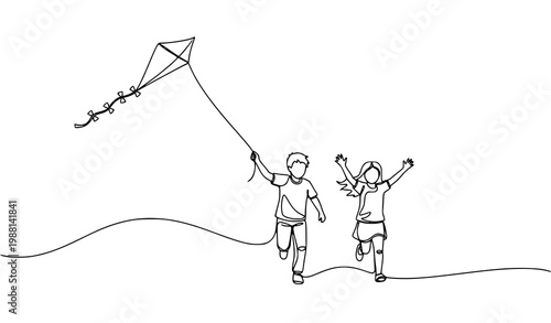 Continuous line art kids running with kite playful children movement minimalist vector illustration