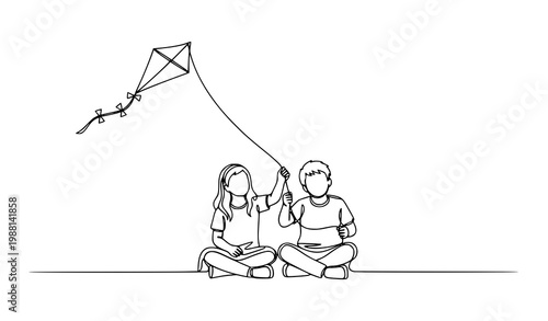 Minimal single line drawing children sitting and flying kite calm playful siblings vector illustration