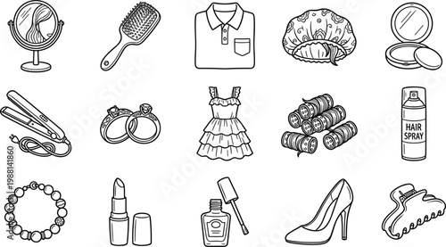 Beauty and fashion icon set with cosmetics, accessories, hairstyle tools and clothing items in clean outline vector illustration