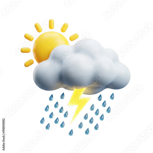 Cartoon weather icon sun clouds rain and lightning isolated on transparent background
