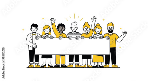 Diverse group of happy people holding a large blank banner for advertising messages and community projects