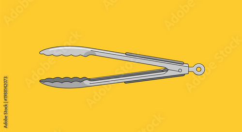 Stainless steel kitchen tongs with a scalloped serving edge used for cooking, isolated against a vibrant solid yellow background.