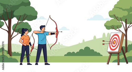 Man and woman practicing archery by shooting arrows at a target in a beautiful green park with trees during a sunny day.