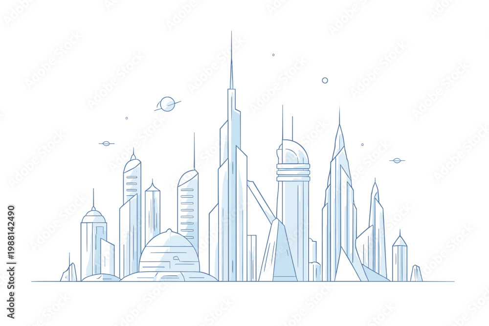 Fototapeta premium Line Art Futuristic City Skyline Illustration with Modern Architecture Isolated on White Background