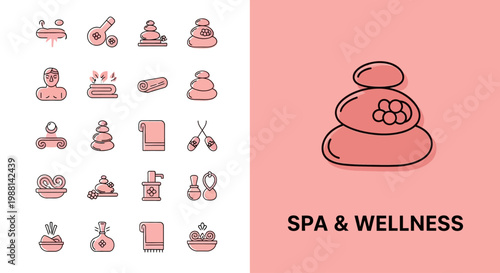 Spa and wellness icons with stacked stones and massage tools.