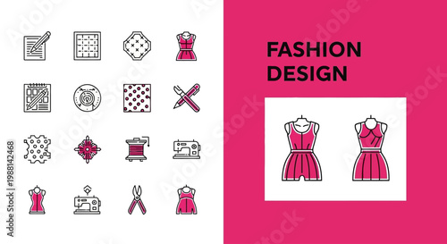 Set of fashion design and sewing line icons for tailoring and apparel industry.