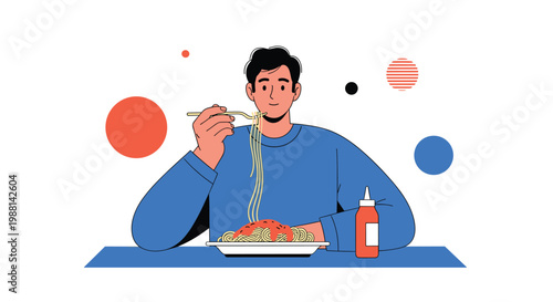 Illustration of a man happily eating a large plate of spaghetti with tomato sauce at a table with abstract circles.