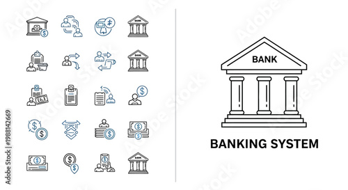 Collection of banking and finance icons with a bank building illustration.