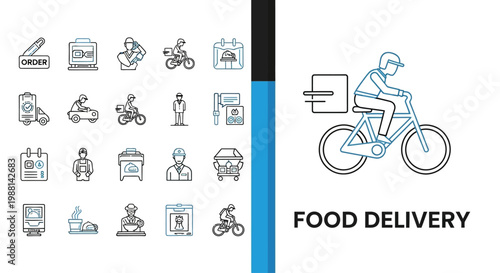 Food delivery service icons set with courier riding a bicycle.