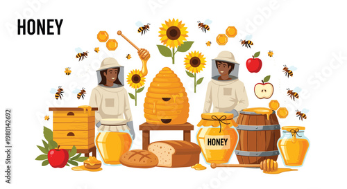 Honey production illustration with beekeepers in suits, beehives, honey jars, sunflowers, apples, and fresh bread.