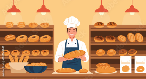 Friendly baker in a white chef uniform holding a fresh loaf of bread in a bakery filled with various pastries and rolls.