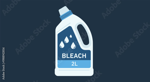 Large white plastic container of household bleach with a blue label and water drop icons, isolated on a dark navy blue background.