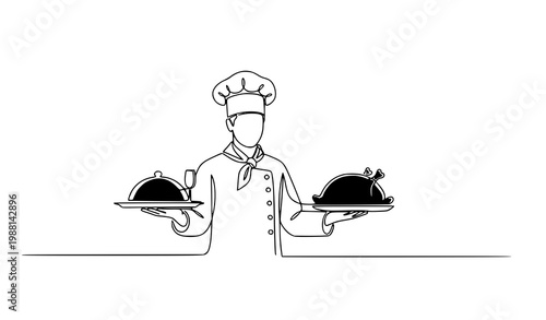 Thanksgiving cooking chef turkey continuous line art vector festive food service outline design