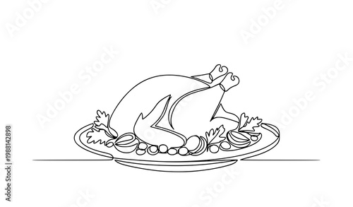Continuous line roasted chicken turkey platter vector Thanksgiving festive food minimalist outline design