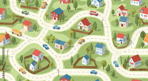 Detailed seamless map pattern of a residential neighborhood with houses, winding roads, cars, trees, and green lawns.