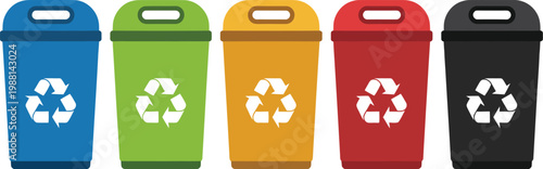 Recycle bin icon set vector illustration, eco-friendly waste management and recycling concept with colored bins for sorting waste, environmental awareness, and sustainability design elements.